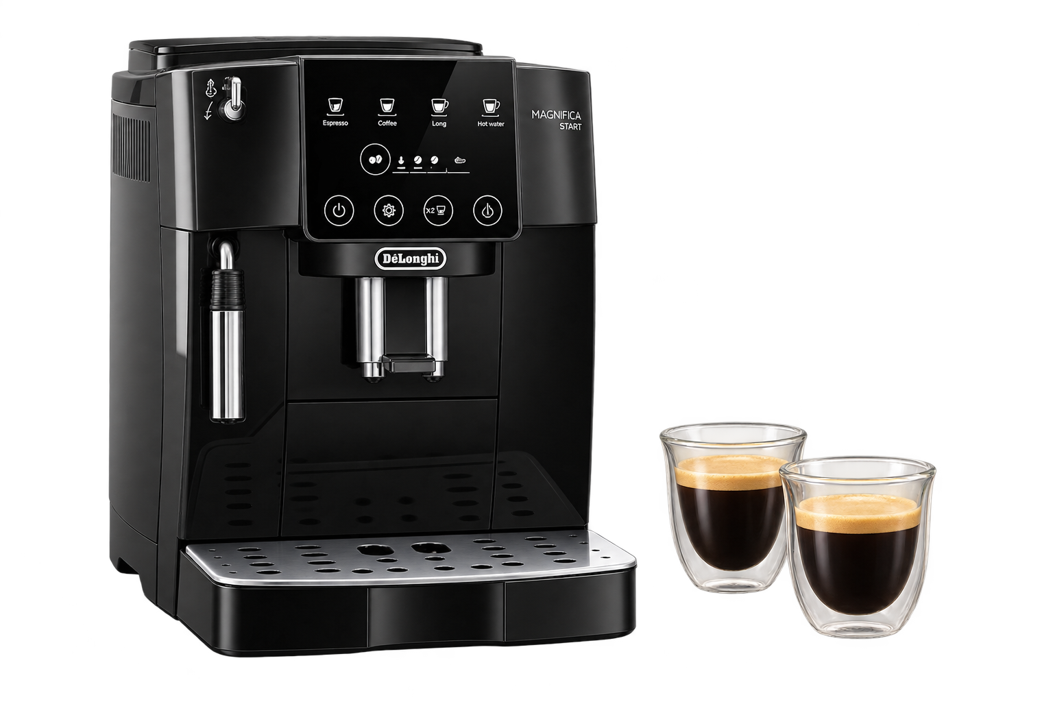Чёрная кофемашина DeLonghi и две стеклянные чашки с горячим кофе